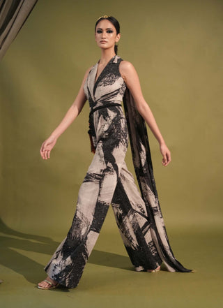 Nikita Mhaisalkar-Black & White Stroke Print Jumpsuit Sari-INDIASPOPUP.COM