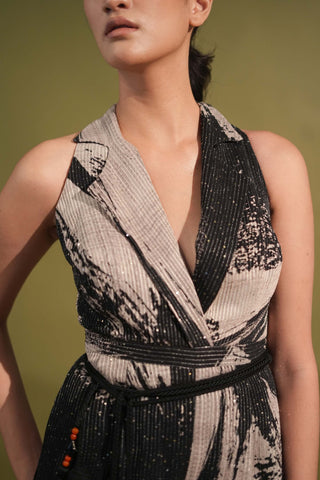 Nikita Mhaisalkar-Black & White Stroke Print Jumpsuit Sari-INDIASPOPUP.COM