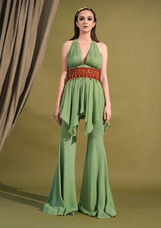 Nikita Mhaisalkar-Jade Pleated Top & Bell Bottom Pant-INDIASPOPUP.COM