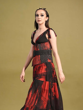 Nikita Mhaisalkar-Red & Black Stroke Print Corset With Belt-INDIASPOPUP.COM