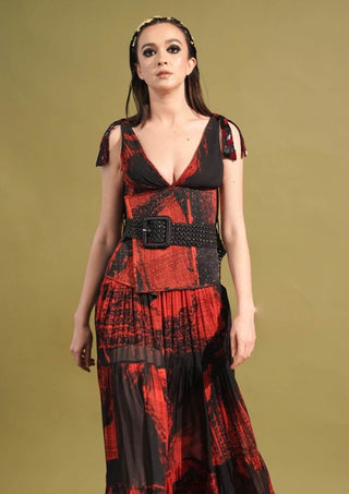 Nikita Mhaisalkar-Red & Black Stroke Print Corset With Belt-INDIASPOPUP.COM