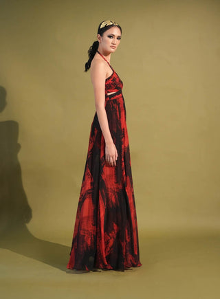 Nikita Mhaisalkar-Red & Black Stroke Print Maxi Dress-INDIASPOPUP.COM