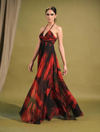 Nikita Mhaisalkar-Red & Black Stroke Print Maxi Dress-INDIASPOPUP.COM