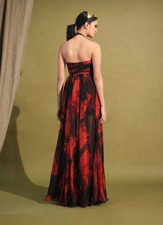 Nikita Mhaisalkar-Red & Black Stroke Print Maxi Dress-INDIASPOPUP.COM