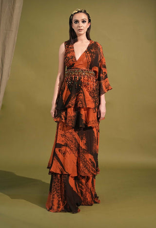 Nikita Mhaisalkar-Orange & Black Stroke Print Sari Set-INDIASPOPUP.COM