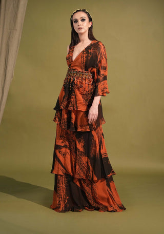 Nikita Mhaisalkar-Orange & Black Stroke Print Sari Set-INDIASPOPUP.COM