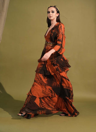 Nikita Mhaisalkar-Orange & Black Stroke Print Sari Set-INDIASPOPUP.COM