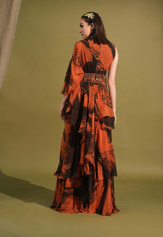 Nikita Mhaisalkar-Orange & Black Stroke Print Sari Set-INDIASPOPUP.COM