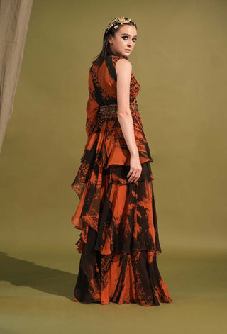 Nikita Mhaisalkar-Orange & Black Stroke Print Sari Set-INDIASPOPUP.COM