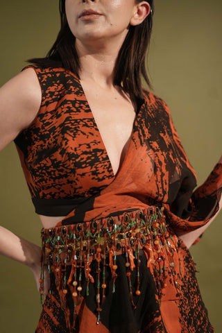 Nikita Mhaisalkar-Orange & Black Stroke Print Sari Set-INDIASPOPUP.COM