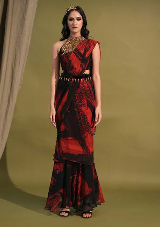 Nikita Mhaisalkar-Red & Black Stroke Print Sari Set-INDIASPOPUP.COM