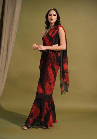 Nikita Mhaisalkar-Red & Black Stroke Print Sari Set-INDIASPOPUP.COM