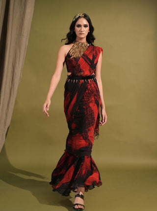 Nikita Mhaisalkar-Red & Black Stroke Print Sari Set-INDIASPOPUP.COM