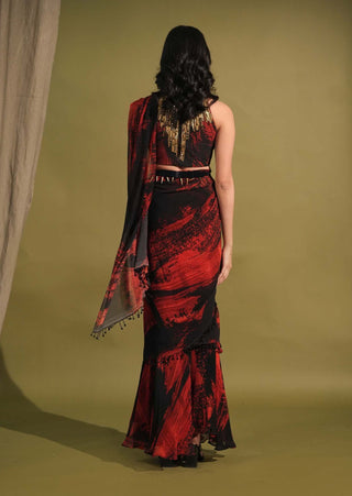 Nikita Mhaisalkar-Red & Black Stroke Print Sari Set-INDIASPOPUP.COM