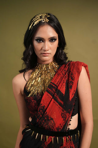 Nikita Mhaisalkar-Red & Black Stroke Print Sari Set-INDIASPOPUP.COM