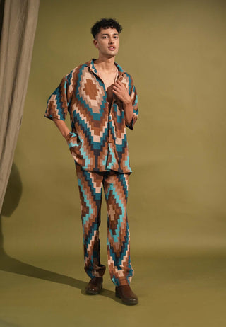 Nikita Mhaisalkar Men-Turquoise Grid Print Shirt And Pant-INDIASPOPUP.COM