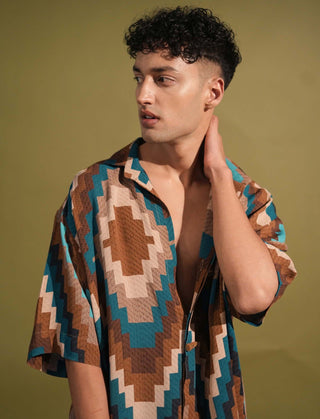 Nikita Mhaisalkar Men-Turquoise Grid Print Shirt And Pant-INDIASPOPUP.COM