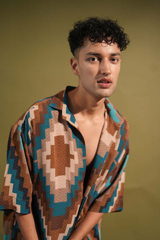 Nikita Mhaisalkar Men-Turquoise Grid Print Shirt And Pant-INDIASPOPUP.COM