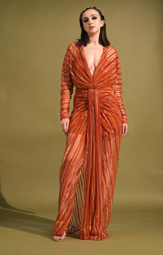 Nikita Mhaisalkar-Tangerine Draped Embellished Maxi-INDIASPOPUP.COM