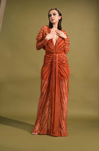 Nikita Mhaisalkar-Tangerine Draped Embellished Maxi-INDIASPOPUP.COM