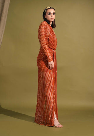 Nikita Mhaisalkar-Tangerine Draped Embellished Maxi-INDIASPOPUP.COM