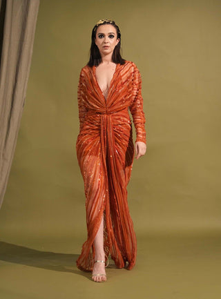 Nikita Mhaisalkar-Tangerine Draped Embellished Maxi-INDIASPOPUP.COM