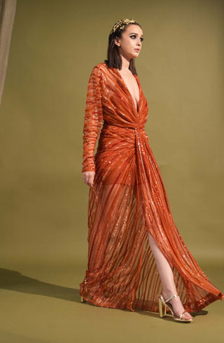 Nikita Mhaisalkar-Tangerine Draped Embellished Maxi-INDIASPOPUP.COM