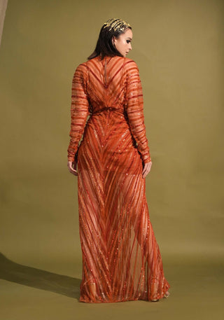 Nikita Mhaisalkar-Tangerine Draped Embellished Maxi-INDIASPOPUP.COM