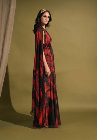 Nikita Mhaisalkar-Red & Black Stroke Print Maxi Dress-INDIASPOPUP.COM