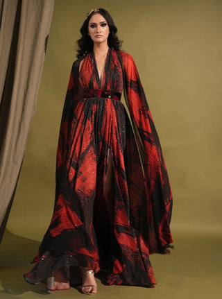 Nikita Mhaisalkar-Red & Black Stroke Print Maxi Dress-INDIASPOPUP.COM