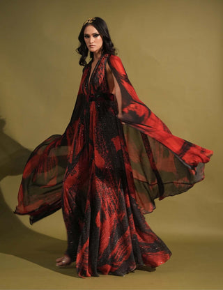 Nikita Mhaisalkar-Red & Black Stroke Print Maxi Dress-INDIASPOPUP.COM