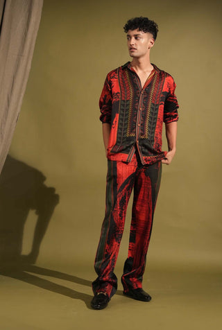 Nikita Mhaisalkar Men-Red & Black Stroke Print Shirt And Pants-INDIASPOPUP.COM