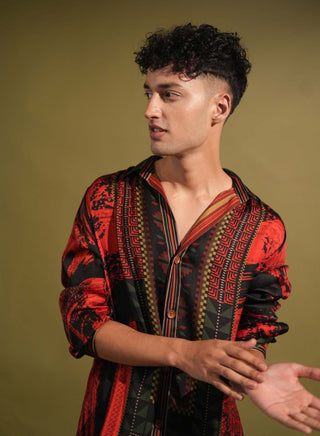 Nikita Mhaisalkar Men-Red & Black Stroke Print Shirt And Pants-INDIASPOPUP.COM