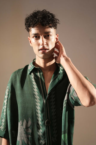 Nikita Mhaisalkar Men-Emrald Green Floral Print Shirt-INDIASPOPUP.COM
