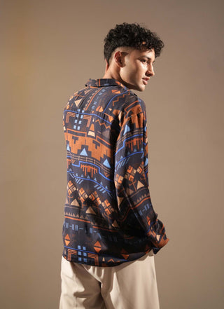 Nikita Mhaisalkar Men-Midnight Blue Aztec Print Shirt-INDIASPOPUP.COM
