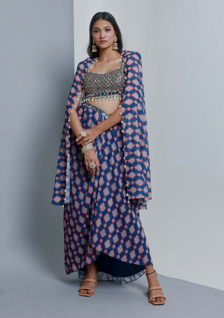 Ria Shah-Denim Blue Draped Skirt And Cape Set-INDIASPOPUP.COM