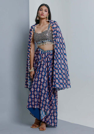 Ria Shah-Denim Blue Draped Skirt And Cape Set-INDIASPOPUP.COM
