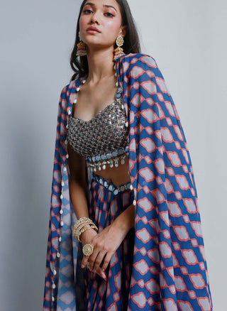 Ria Shah-Denim Blue Draped Skirt And Cape Set-INDIASPOPUP.COM