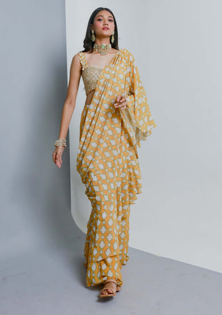 Ria Shah-Yellow Draped Pant Sari And Blouse-INDIASPOPUP.COM