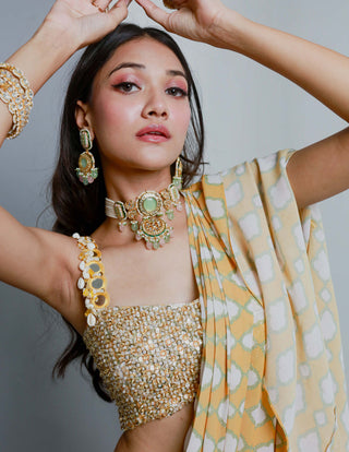 Ria Shah-Yellow Draped Pant Sari And Blouse-INDIASPOPUP.COM