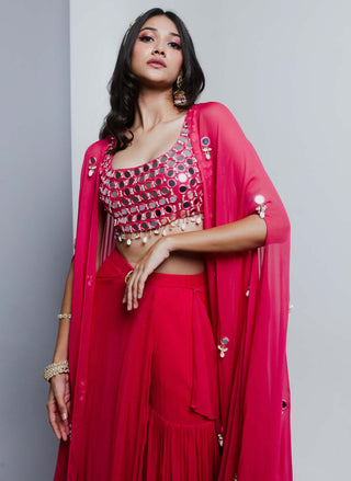 Ria Shah-Fuschia Pink Drape Sharara And Cape Set-INDIASPOPUP.COM