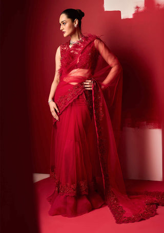 Ridhi Mehra-Jaansah Red Embroidered Sari And Blouse-INDIASPOPUP.COM
