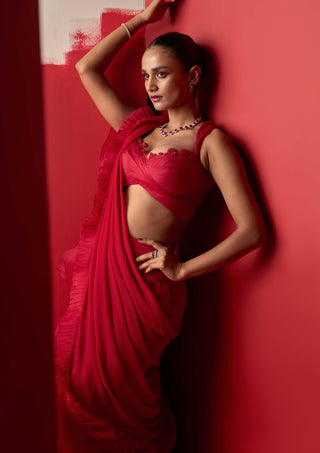 Ridhi Mehra-Aani Red Draped Sari And Blouse-INDIASPOPUP.COM
