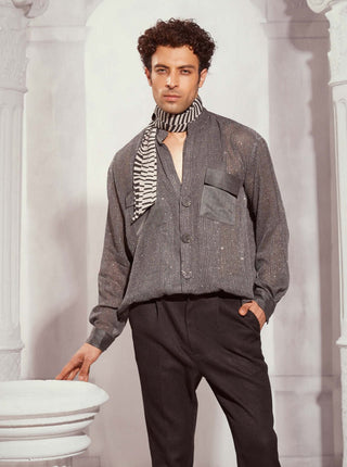 Nikita Mhaisalkar Men-Grey Tweed Print Oversized Shirt-INDIASPOPUP.COM