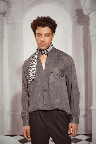 Nikita Mhaisalkar Men-Grey Tweed Print Oversized Shirt-INDIASPOPUP.COM