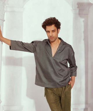 Nikita Mhaisalkar Men-Grey Print Collared Oversized Crop Shirt-INDIASPOPUP.COM