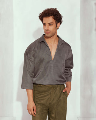 Nikita Mhaisalkar Men-Grey Print Collared Oversized Crop Shirt-INDIASPOPUP.COM