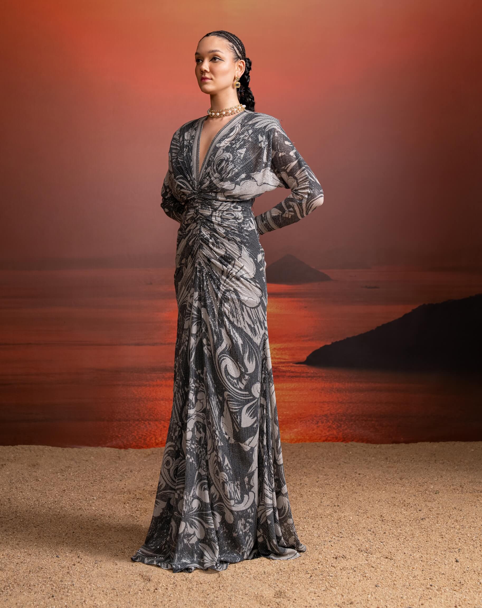 Nikita Mhaisalkar Noir Printed Sequins Draped Dress