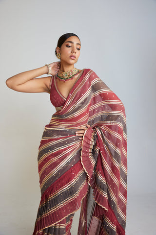 Vvani By Vani Vats-Multicolor Pre-Draped Sari And Blouse-INDIASPOPUP.COM
