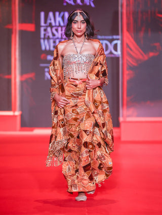 Agneya orange gold pre-draped sari set